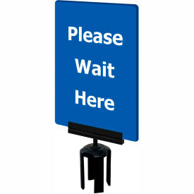Lawrence Metal Prod. Inc SIGN-HDFR-0711-250-23-V-S21 Tensabarrier® Acrylic Sign, "Please Wait Here", 7"Wx11"H, Blue/White image.