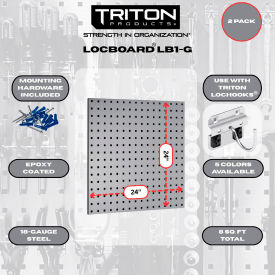 Triton Products® LocBoard® Square Hole Pegboard 24"W x 9/16"D x 24"H Gray Pack of 2