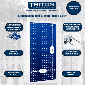 Triton Products 18"W x 36"H Steel Square Hole Pegboard with 18 Assorted LocHooks Blue
