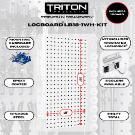 Triton Products 18"W x 36"H Steel Square Hole Pegboard w/18 Assorted LocHooks White