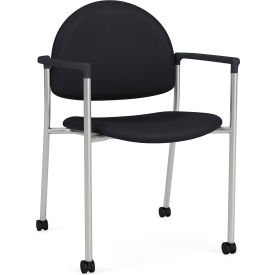 Lesro Chat Guest Chair with Casters Silver Frame Onyx Black Armrests Patriot Plus Black Vinyl 