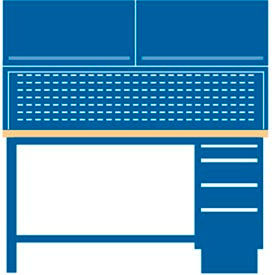 Lista International TB3203-BTB6030-BB 60x30x64.75 Cabinet & Leg workstation w/4 drawers, stat. riser shelf, 2 ovhd cabs/butcher block top image.