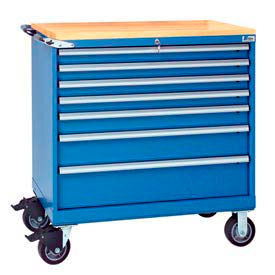 Lista International XSHS0750-0701M-BTBBKA Lista® 7 Drawer 40-1/4" Shallow Depth Mobile Cabinet w/Butcher Top-Bright Blue, Keyed Alike image.