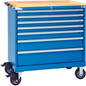 Lista International XSHS0750-0701M-BTBBRG Lista® 7 Drawer 40-1/4" Shallow Depth Mobile Cabinet w/Butcher Top-Bright Blue, Individual Lock image.