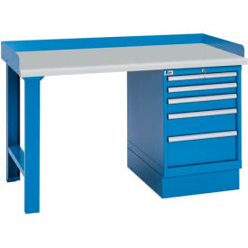 Industrial Workbench w/Leg, 5 Drawer Cabinet, Plastic Laminate Top - Blue