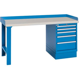 Industrial Workbench w/Leg, 5 Drawer Cabinet, Butcher Block Top - Blue