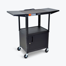 Luxor Corp AVJ42CDL Luxor Adjustable-Height Steel AV Cart with Cabinet and Drop Leaf, Black, 24"W x 18"D x 24" to 42"H image.