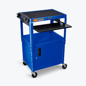 Luxor Corp AVJ42KBC-RB Luxor Adjustable-Height Steel AV Cart with Pullout Keyboard Tray and Cabinet, Blue, 24" to 42"H image.