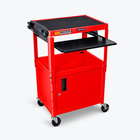 Luxor Corp AVJ42KBC-RD Luxor Adjustable-Height Steel AV Cart with Pullout Keyboard Tray and Cabinet, Red, 24" to 42"H image.
