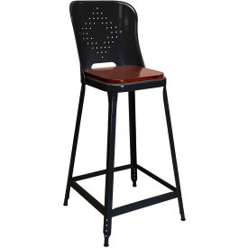 Lyon® 1901 24" High Metal Counter Stool with Back & Wood Seat Vulcan Black Powder Coat 