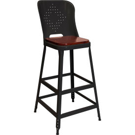Lyon® 1901 30" High Metal Bar Stool with Back & Wood Seat Vulcan Black Powder Coat 