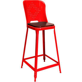 Lyon® 1901 24" High Metal Counter Stool with Back & Wood Seat Roaring Red Powder Coat 