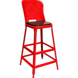 Lyon® 1901 30" High Metal Bar Stool with Back & Wood Seat Roaring Red Powder Coat 