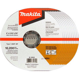 Makita Usa B-12653-10 Makita® INOX Thin Cut-Off Wheel, 60 Grit, Type 1, 6" Dia x 1/16"T x 7/8" Cntr Hole Dia, 10/Pk image.
