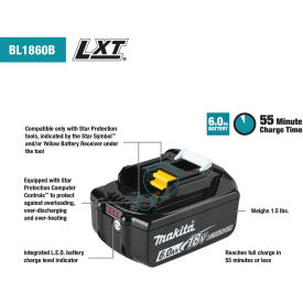 Makita Usa BL1860B Makita® LXT® Power Tool Battery, 6.0Ah, Lithium-Ion, 18V, 55 Min Charge Time image.