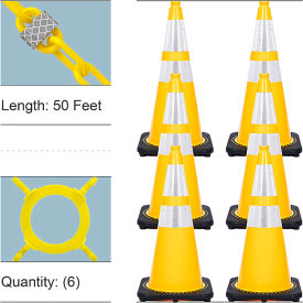 Global Industrial 23272-6 Mr. Chain 28" Reflective Traffic Cone & Chain Kit, 2" x 50L Chain, PVC, 7 lb Wt., Yellow, Pack of 6 image.