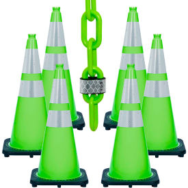 Global Industrial 23277-6 Mr. Chain® 28" Reflective Traffic Cone Kit w/ 2" x 50L Chain, Safety Green, Pack of 6 image.