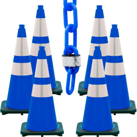 Global Industrial 23278-6 Mr. Chain® 28" Reflective Traffic Cone Kit w/ 2" x 50L Chain, Traffic Blue, Pack of 6 image.