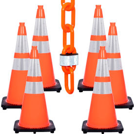 Global Industrial 23280-6 Mr. Chain® 28" Reflective Traffic Cone Kit w/ 2" x 50L Chain, Traffic Orange, Pack of 6 image.