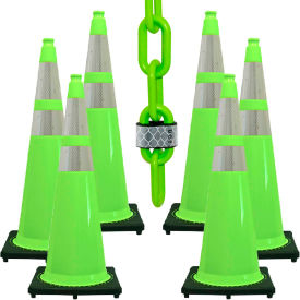 Global Industrial 27277-6 Mr. Chain® 36" Reflective Traffic Cone Kit w/ 2" x 50L Chain, Safety Green, Pack of 6 image.