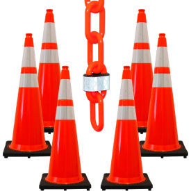 Global Industrial 27280-6 Mr. Chain® 36" Reflective Traffic Cone Kit w/ 2" x 50L Chain, Traffic Orange, Pack of 6 image.
