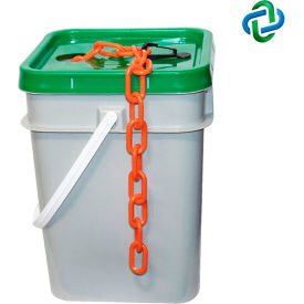 Global Industrial 30013-P Mr. Chain Plastic Barrier Chain in a Pail, 1-1/2" x 300 ft, Traffic Orange image.