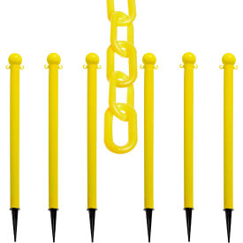Global Industrial 70302-6 Mr. Chain® 2" Ground Pole Kit w/ 2" x 50L Chain, Yellow, Pack of 6 image.