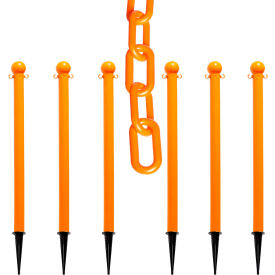 Global Industrial 70312-6 Mr. Chain® 2" Ground Pole Kit w/ 2" x 50L Chain, Safety Orange, Pack of 6 image.