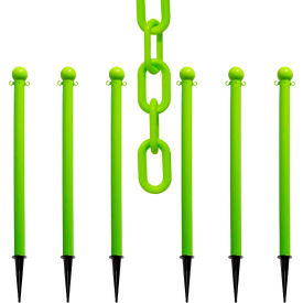 Global Industrial 70314-6 Mr. Chain® 2" Ground Pole Kit w/ 2" x 50L Chain, Safety Green, Pack of 6 image.