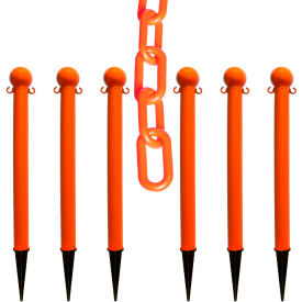 Global Industrial 70512-6 Mr. Chain® 3" Heavy Duty Ground Pole Kit w/ 2" x 50L Chain, Safety Orange, Pack of 6 image.