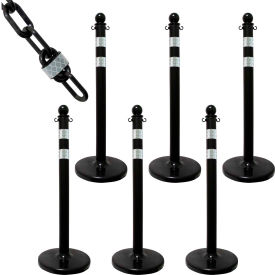 Global Industrial 72150-6 Mr. Chain® 2-1/2" Medium Duty Reflective Stanchion Kit w/ 2" x 50L Chain, Black, Pack of 6 image.