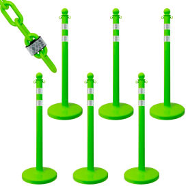 Global Industrial 72177-6 Mr. Chain® 2-1/2" Medium Duty Reflective Stanchion Kit w/ 2" x 50L Chain, Safety Green, 6 Pack image.