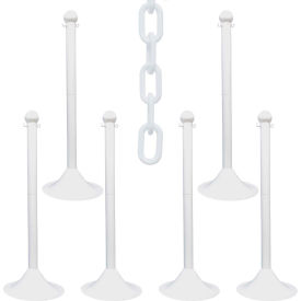 Global Industrial 73501-6 Mr. Chain® 2" Light Duty Stowable Stanchion Kit w/ 2" x 50L Chain, White, Pack of 6 image.