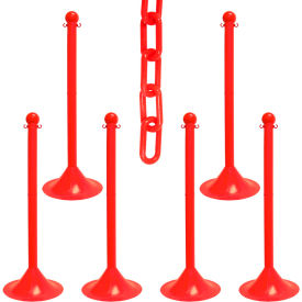 Global Industrial 73505-6 Mr. Chain® 2" Light Duty Stowable Stanchion Kit w/ 2" x 50L Chain, Red, Pack of 6 image.