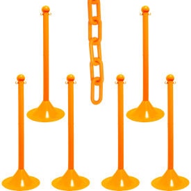 Global Industrial 73512-6 Mr. Chain® 2" Light Duty Stowable Stanchion Kit w/ 2" x 50L Chain, Safety Orange, Pack of 6 image.