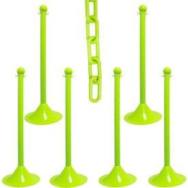 Global Industrial 73514-6 Mr. Chain® 2" Light Duty Stowable Stanchion Kit w/ 2" x 50L Chain, Safety Green, Pack of 6 image.