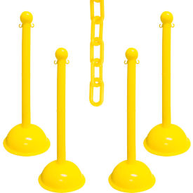 Global Industrial 73602-4 Mr. Chain® 3" Heavy Duty Stowable Stanchion Kit w/ 2" x 30L Chain, Yellow, Pack of 4 image.
