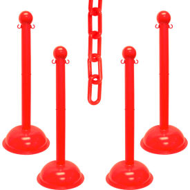 Global Industrial 73605-4 Mr. Chain® 3" Heavy Duty Stowable Stanchion Kit w/ 2" x 30L Chain, Red, Pack of 4 image.