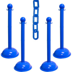 Global Industrial 73606-4 Mr. Chain® 3" Heavy Duty Stowable Stanchion Kit w/ 2" x 30L Chain, Blue, Pack of 4 image.