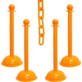 Global Industrial 73612-4 Mr. Chain® 3" Heavy Duty Stowable Stanchion Kit w/ 2" x 30L Chain, Safety Orange, Pack of 4 image.
