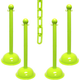 Global Industrial 73614-4 Mr. Chain® 3" Heavy Duty Stowable Stanchion Kit w/ 2" x 30L Chain, Safety Green, Pack of 4 image.