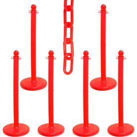 Global Industrial 73705-6 Mr. Chain® 2-1/2" Medium Duty Stowable Stanchion Kit w/ 2" x 50L Chain, Red, Pack of 6 image.
