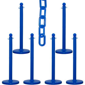 Global Industrial 73706-6 Mr. Chain® 2-1/2" Medium Duty Stowable Stanchion Kit w/ 2" x 50L Chain, Blue, Pack of 6 image.