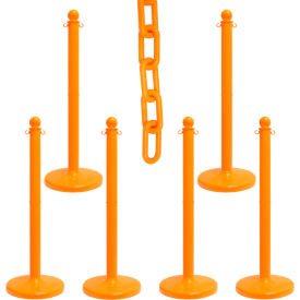 Global Industrial 73712-6 Mr. Chain® 2-1/2" Medium Duty Stowable Stanchion Kit w/ 2" x 50L Chain, Safety Orange, Pk of 6 image.