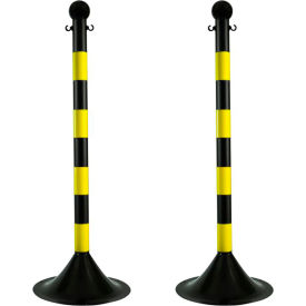 Global Industrial 91529-2 Mr. Chain 2" Light Duty Stanchion, 41H, Black Pole with Yellow Stripe image.