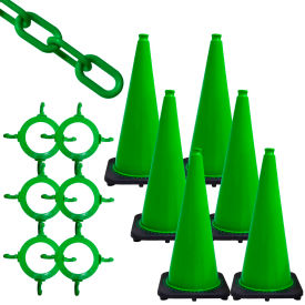 Global Industrial 93204-6 Mr. Chain Traffic Cone and Chain Kit, 28" Cone Height, HDPE/PVC, Green image.