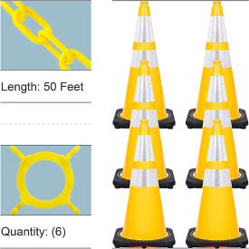 Global Industrial 93272-6 Mr. Chain 28" Reflective Traffic Cone & Chain Kit, 2" x 50L Chain, PVC, OSHA, Yellow, Pack of 6 image.