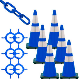 Global Industrial 93278-6 Mr. Chain Traffic Cone & Chain Kit w/ Reflective Collar, 28" Cone Height, HDPE/PVC, Blue image.