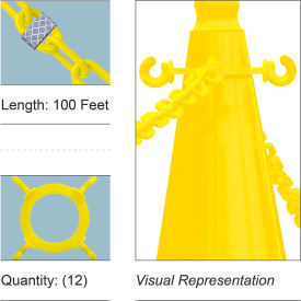 Mr. Chain® Cone Chain Connector Kit with 2" x 100L Chain HDPE Reflective Yellow Pack of 12 