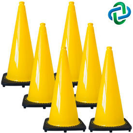 Global Industrial 97502-6 Mr. Chain Traffic Cones, 28"H, 14" x 14" Base, 7 lbs, PVC, Yellow, 6/Pack image.